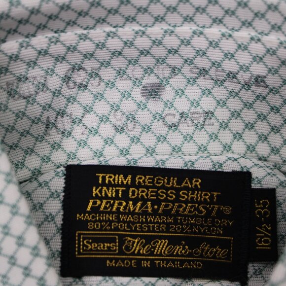 VTG Sears Perma-Prest Dress Shirt Mens 16 1/2, 35 Green/White Trim Regular Knit - Picture 8 of 13